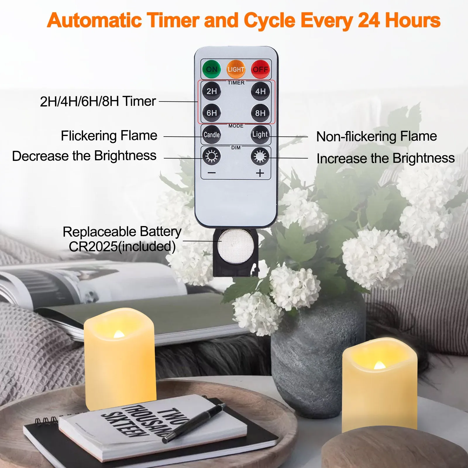 IMAGE Flameless Votive Candles,12 Pack 1.5 x 2 Inch Flickering 3D Wicks Battery Operated Candles,250  Hours Long Lasting LED Tea Lights with Remote Timer for Christmas Wedding Home Decor,Warm Yellow