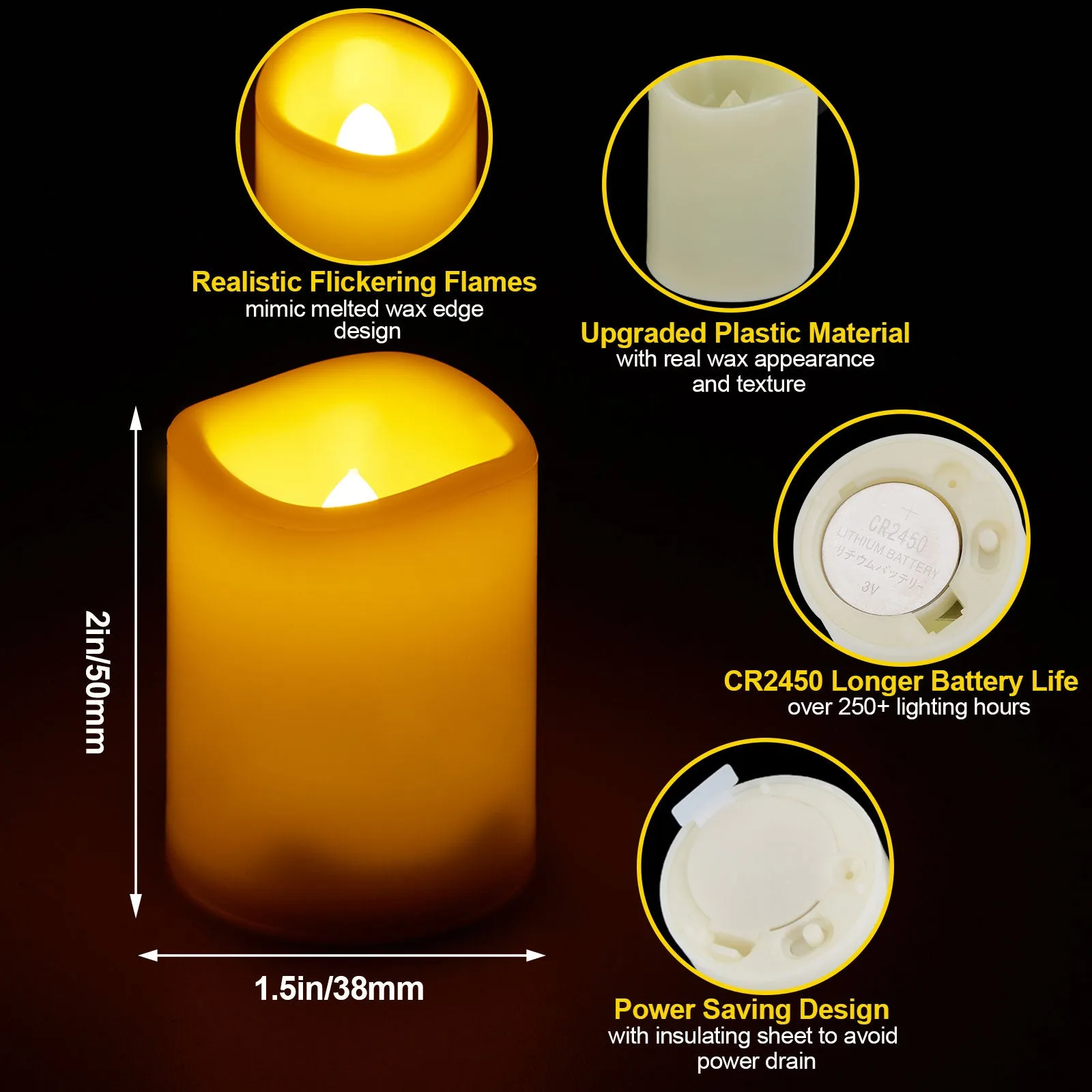 IMAGE Flameless Votive Candles,12 Pack 1.5 x 2 Inch Flickering 3D Wicks Battery Operated Candles,250  Hours Long Lasting LED Tea Lights with Remote Timer for Christmas Wedding Home Decor,Warm Yellow