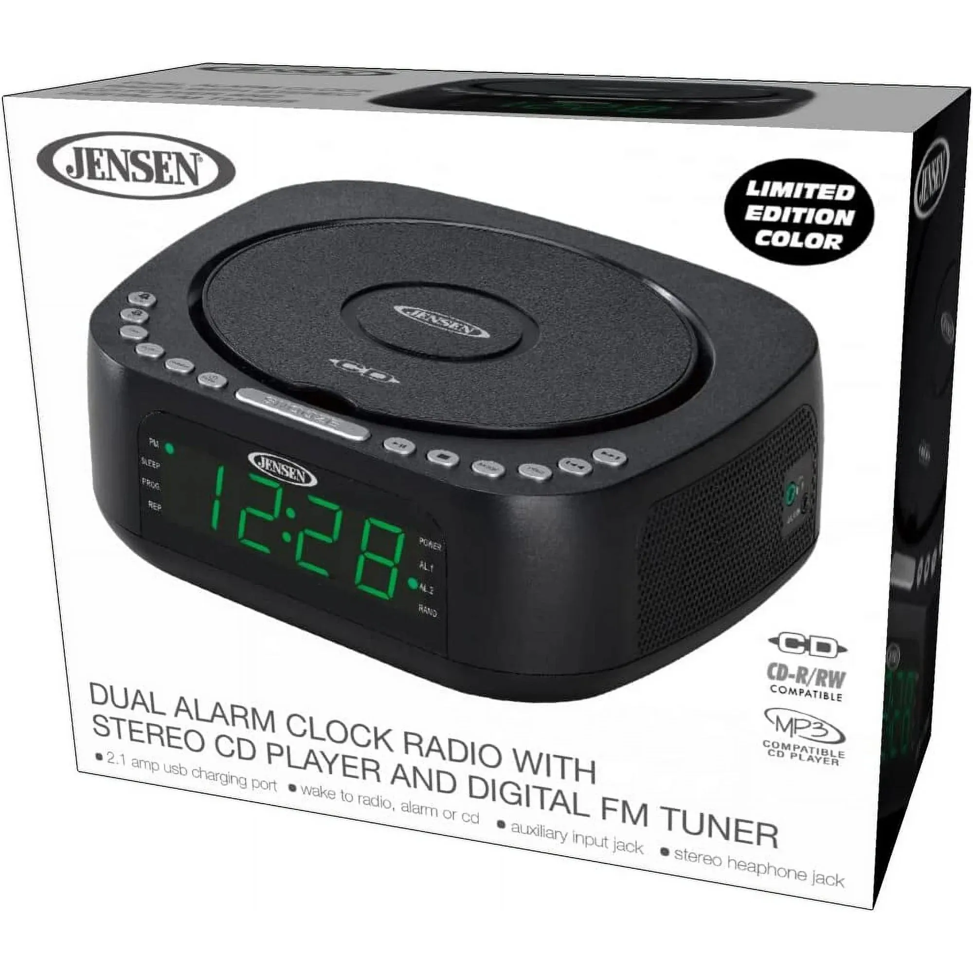 Jensen JCR-375 BLK Green LED CD/MP3 Clock Radio USB charge (Black)