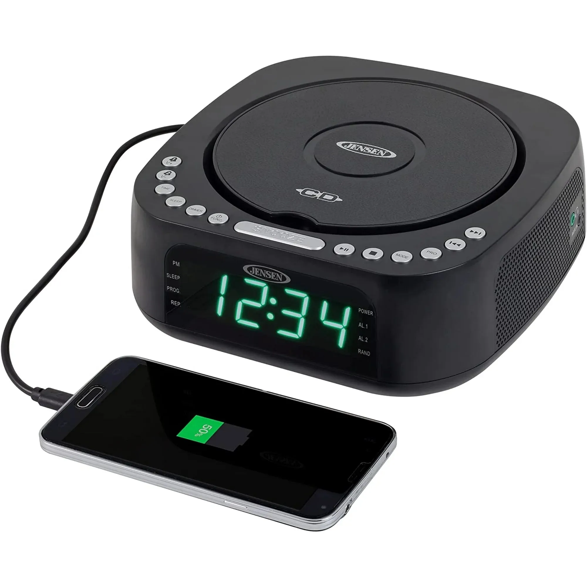 Jensen JCR-375 BLK Green LED CD/MP3 Clock Radio USB charge (Black)