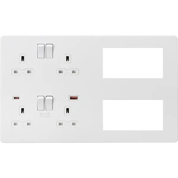 Knightsbridge Screwless Combination Plate Matt White With 4 Sockets USB and 8 Euromodules
