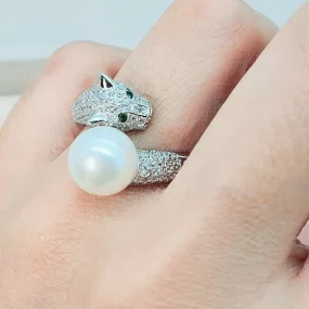 Large Freshwater Pearl Panther ring, sterling silver