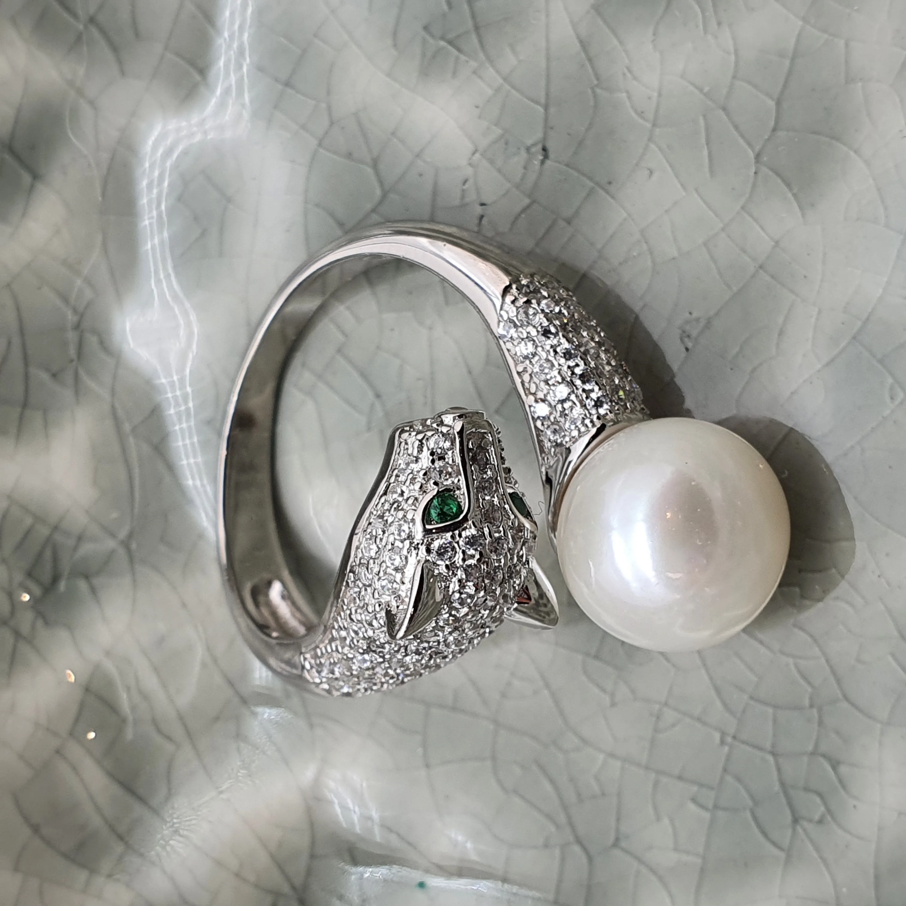 Large Freshwater Pearl Panther ring, sterling silver
