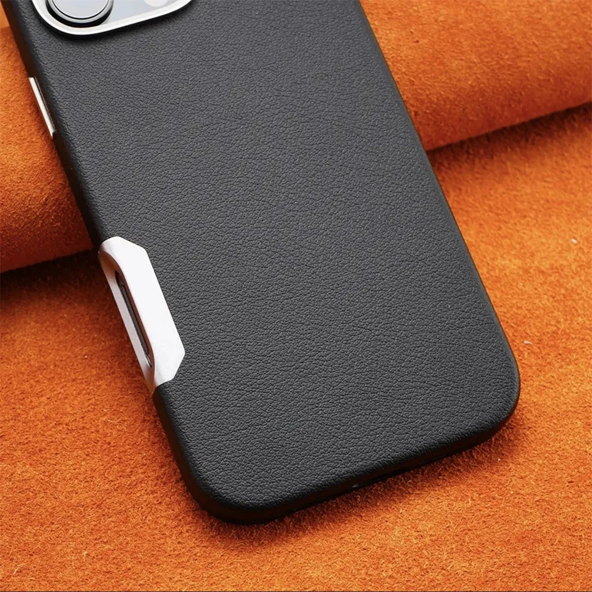 Luxury Leather MagSafe Magnetic Phone Case with Metal Hollow Buttons for iPhone