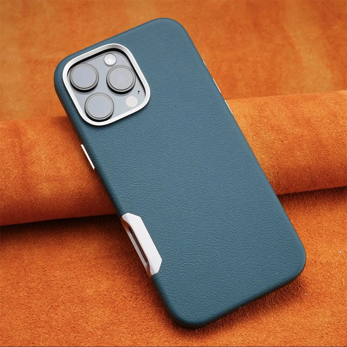 Luxury Leather MagSafe Magnetic Phone Case with Metal Hollow Buttons for iPhone