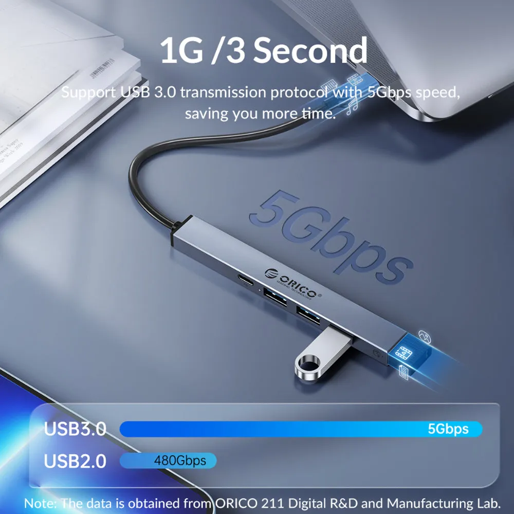 ORICO 5-Port USB C Hub to PD 60W USB A 2.0 USB A 3.0 with Indicator Lights, Aluminum Alloy, and 5Gbps Transmission Rate for Windows Mac OS Linux PC Computer Desktop Laptop |  BHC1-5P