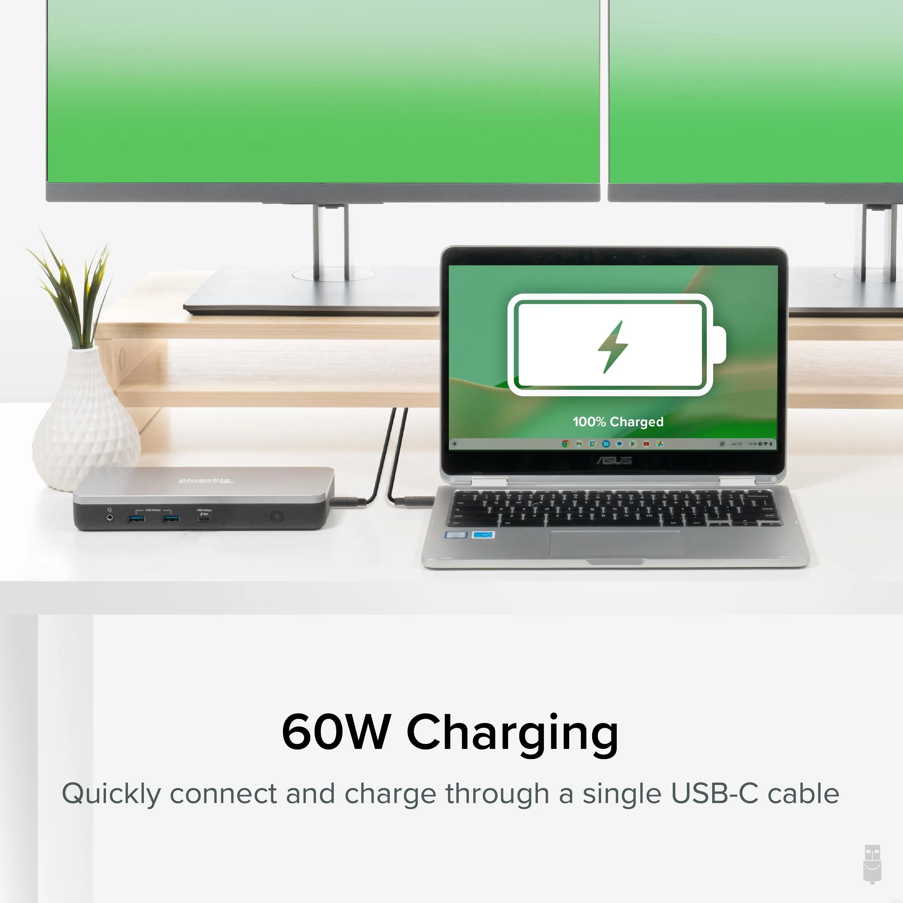 Plugable USB-C Dual Monitor Docking Station, Certified Works with Chromebook, 60W Charging