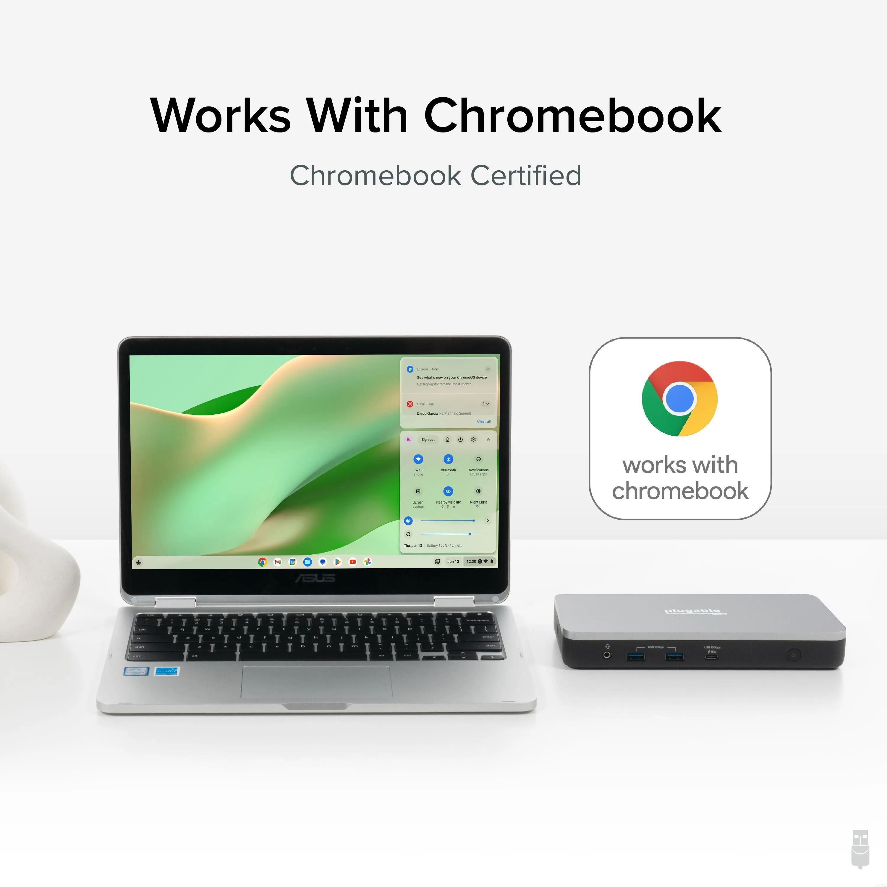 Plugable USB-C Dual Monitor Docking Station, Certified Works with Chromebook, 60W Charging