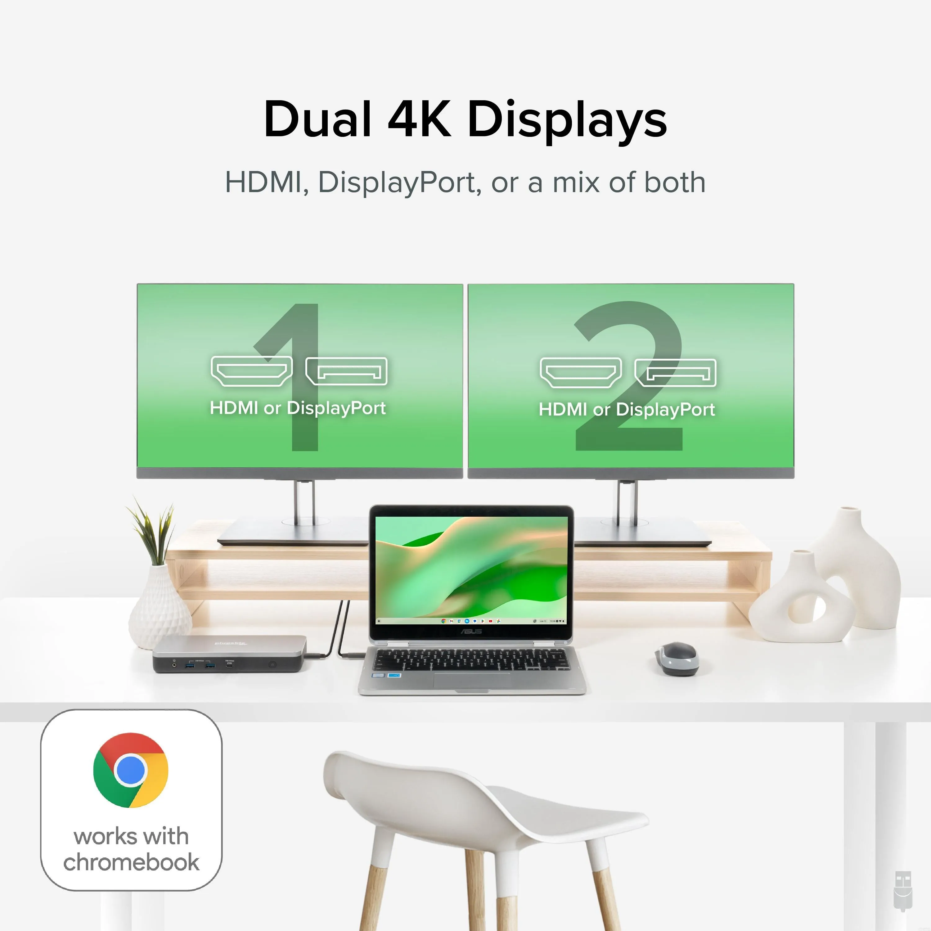 Plugable USB-C Dual Monitor Docking Station, Certified Works with Chromebook, 60W Charging