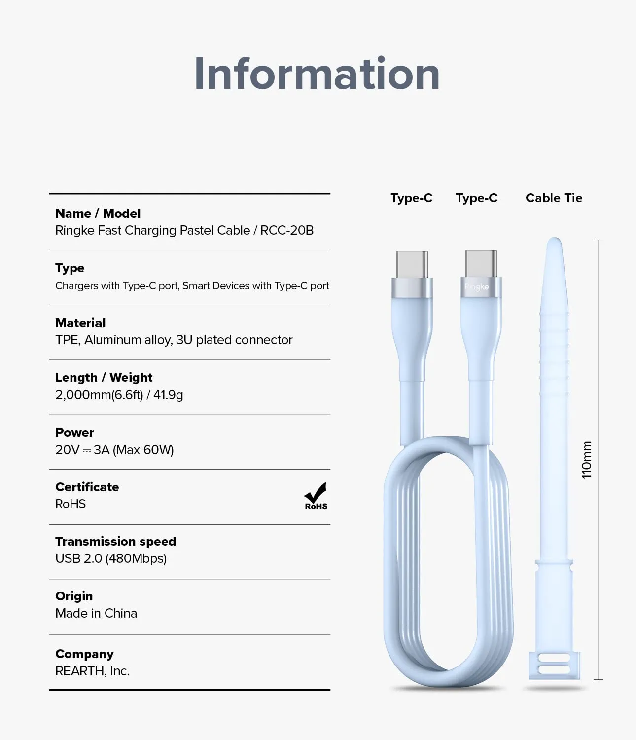 Ringke Fast Charging Pastel Cable USB Type-C to Type-C - Blue (2m)