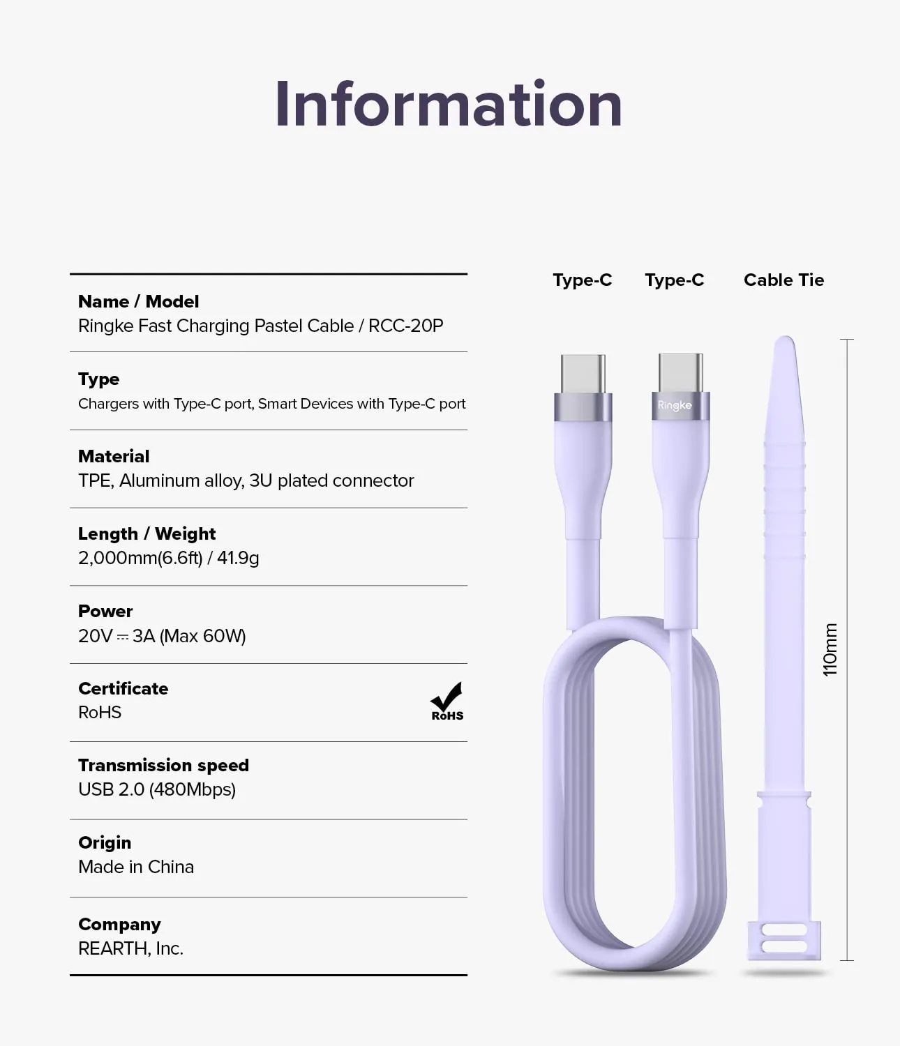 Ringke Fast Charging Pastel Cable USB Type-C to Type-C - Purple (2m)