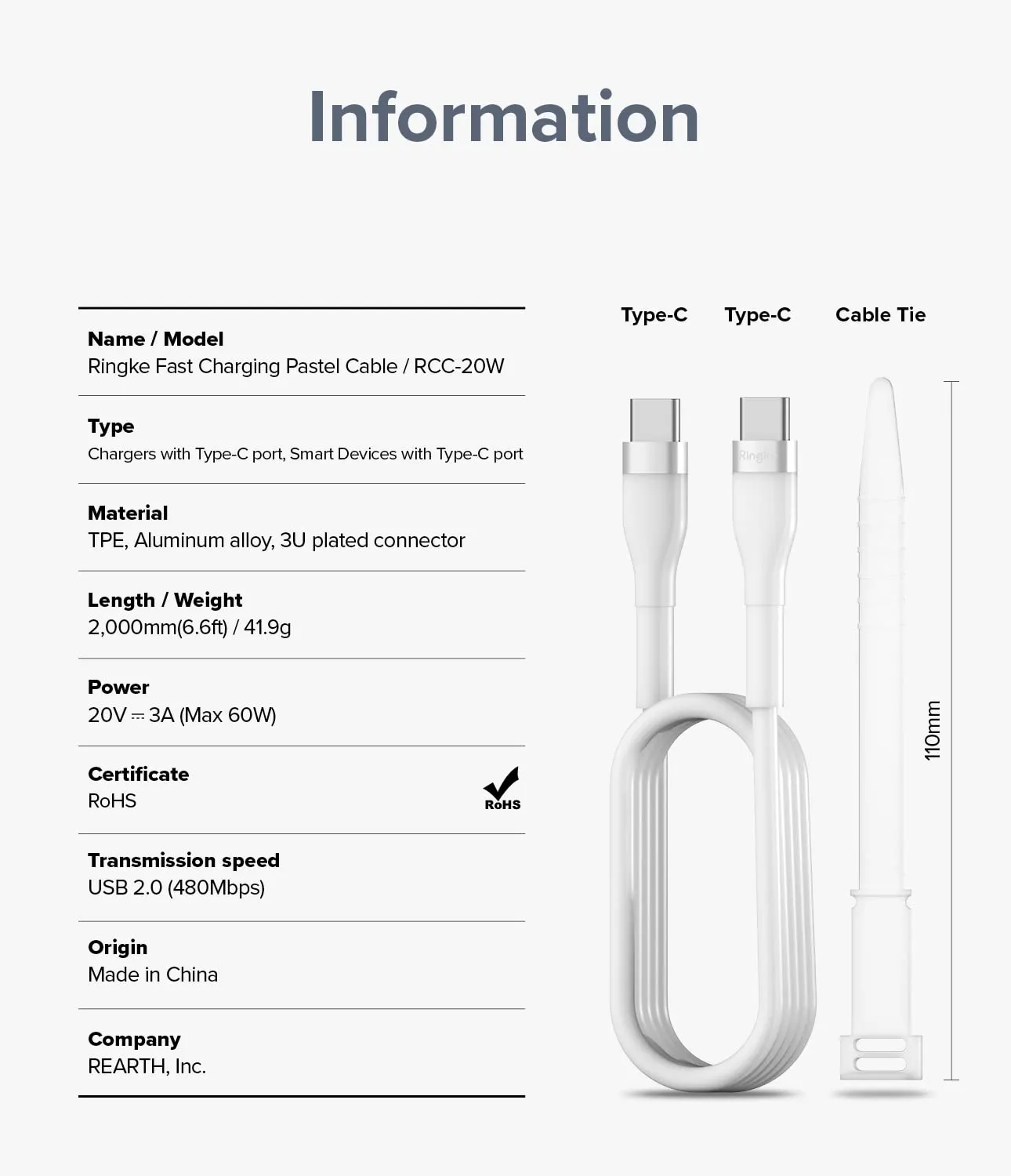 Ringke Fast Charging Pastel Cable USB Type-C to Type-C - White (2m)