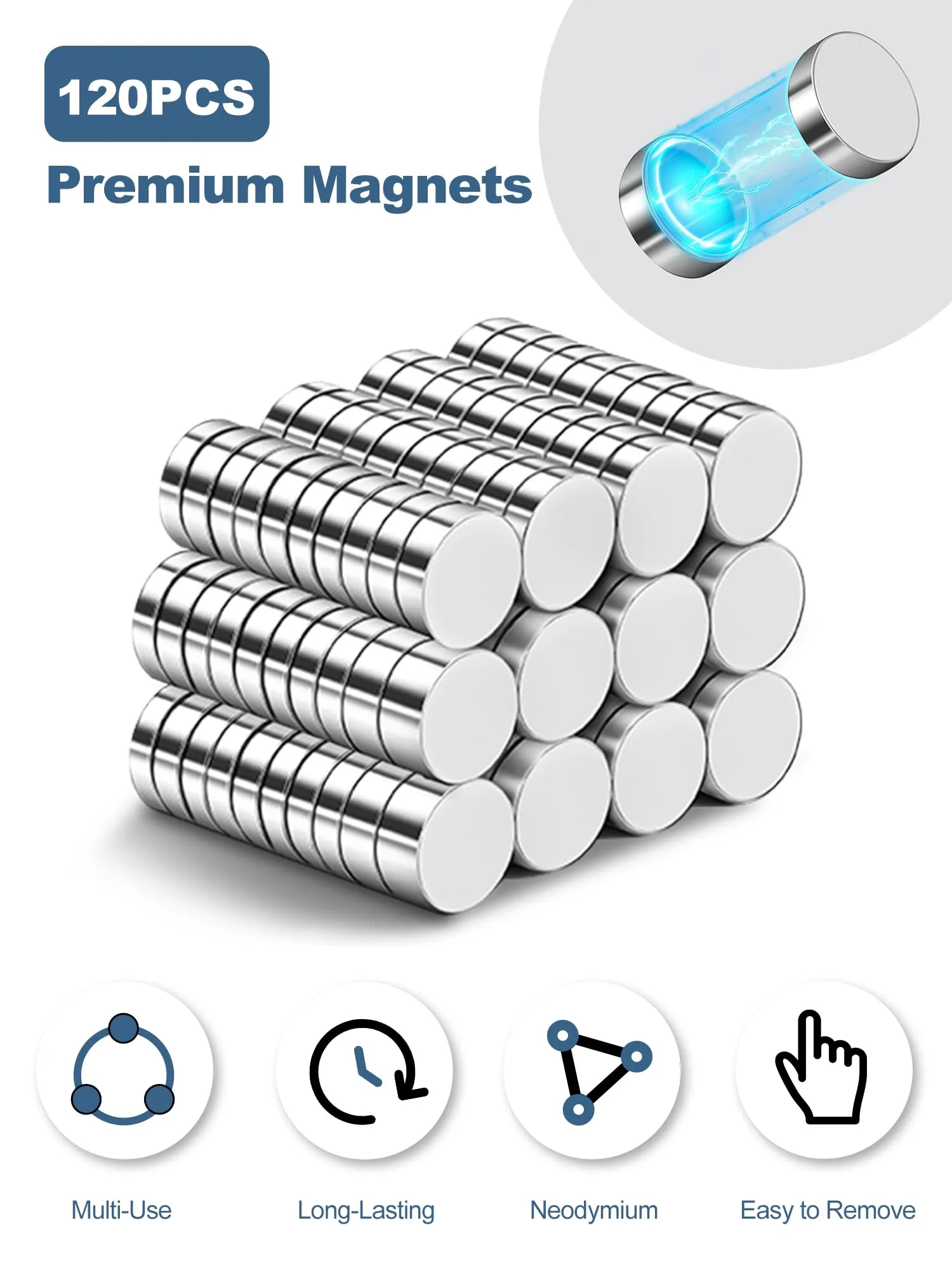SMARTAKE 120 Pcs Refrigerator Magnets, 10x2.6mm Small Round Fridge Magnets, Multi-Use Premium Neodymium Office Magnets for Fridge, Whiteboard, Billboard in Home, Kitchen, Office and School (Silver)