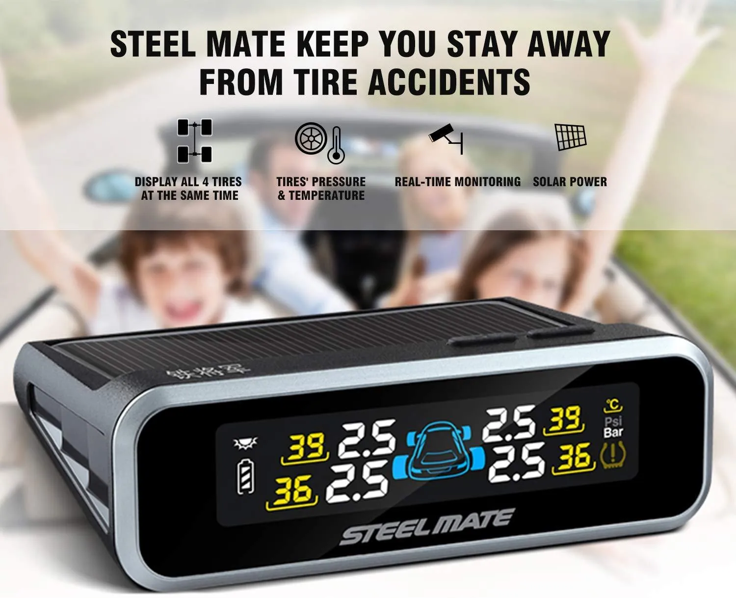 STEEL MATE Wireless TPMS Monitor Solar Power Tire Pressure Monitoring System