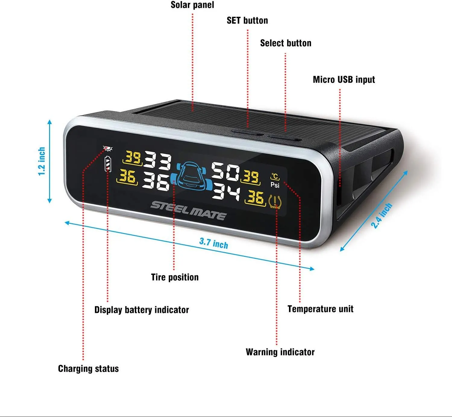 STEEL MATE Wireless TPMS Monitor Solar Power Tire Pressure Monitoring System