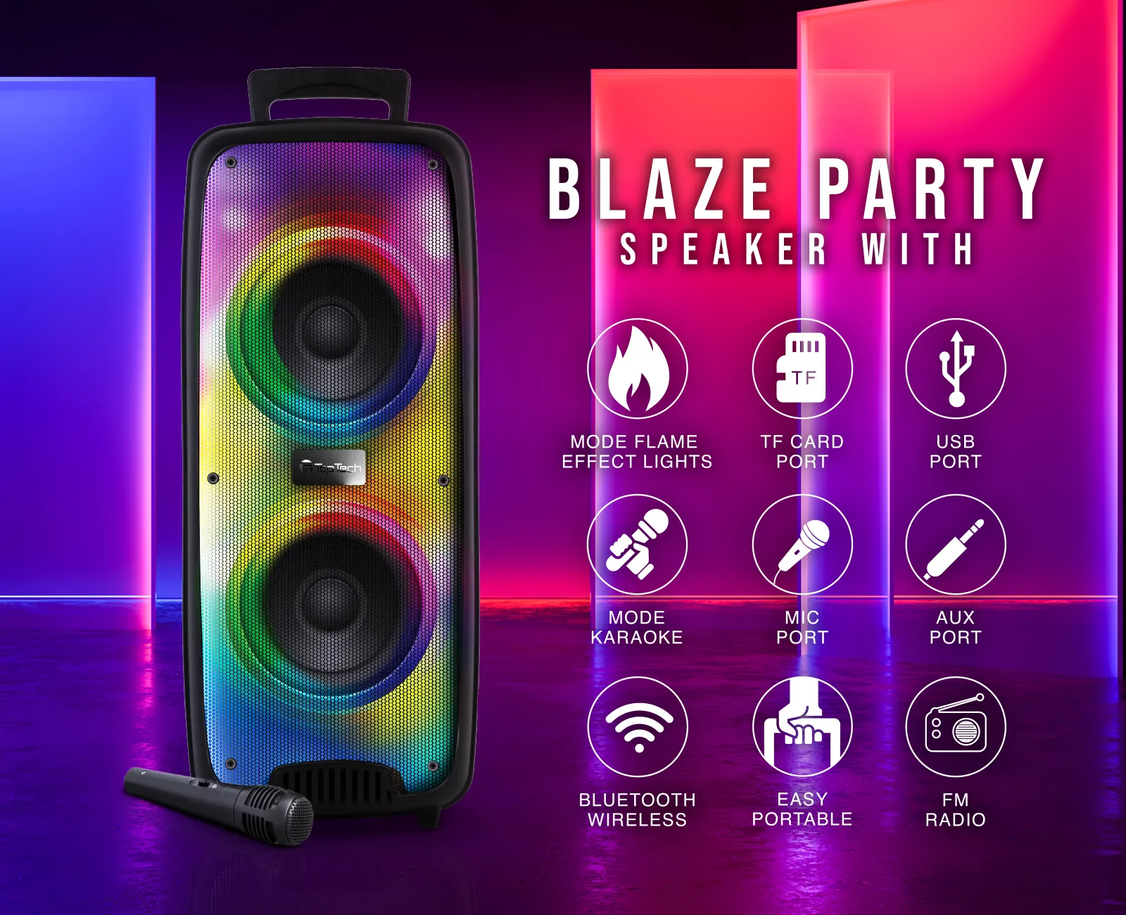TOPTECH KL-60 2x6.5" Bluetooth Party Speaker with Multi-color Disco Lights, 4000W, Wheels & Microphone