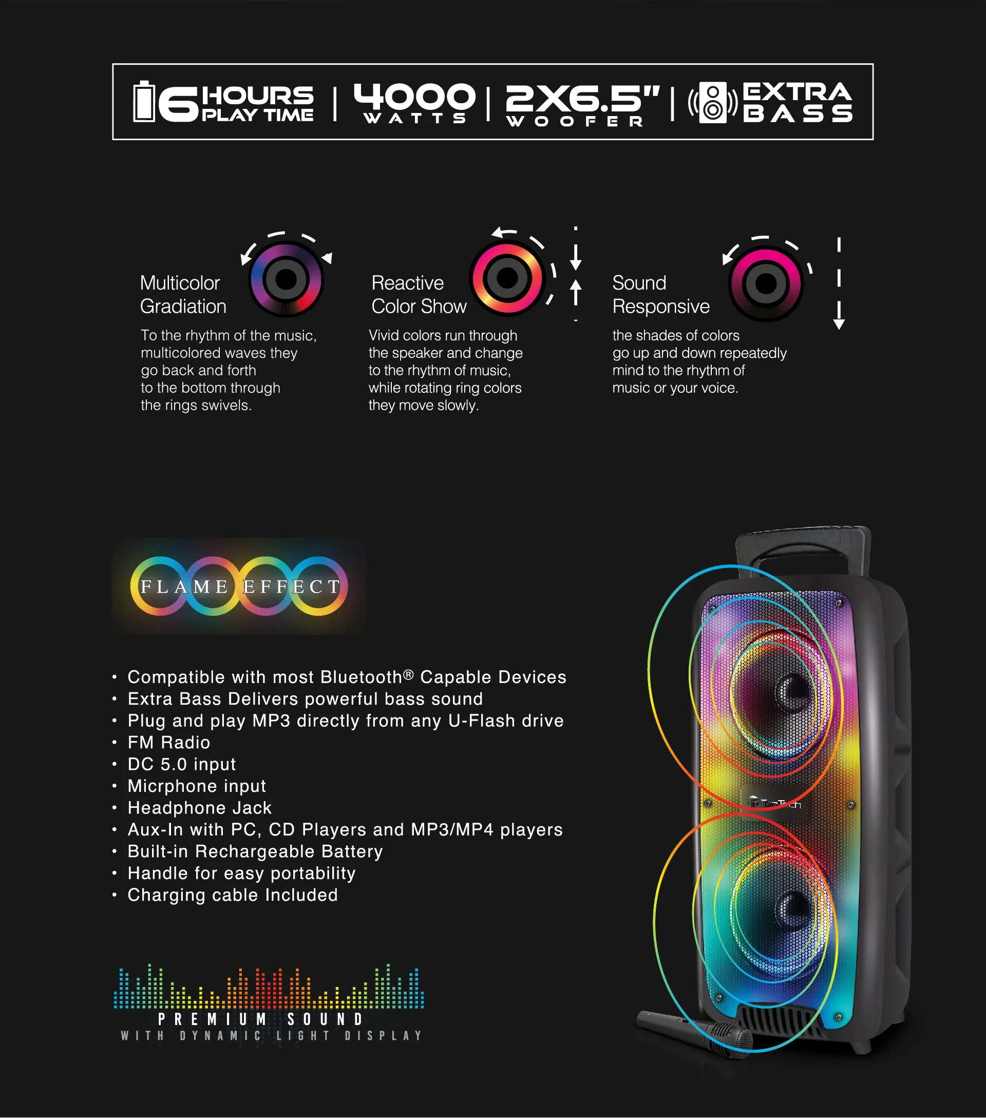 TOPTECH KL-60 2x6.5" Bluetooth Party Speaker with Multi-color Disco Lights, 4000W, Wheels & Microphone
