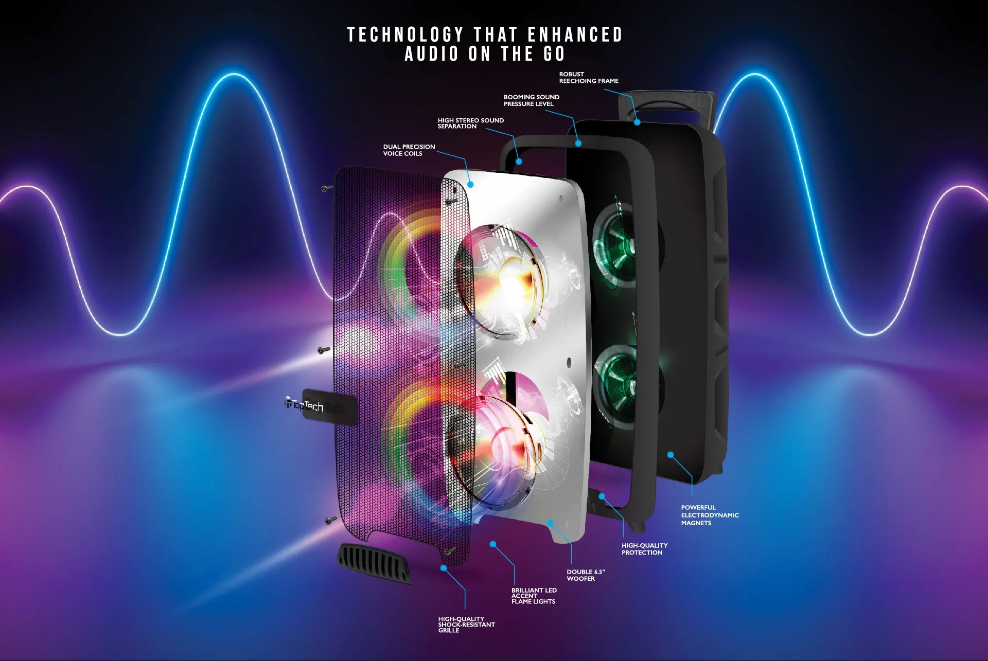 TOPTECH KL-60 2x6.5" Bluetooth Party Speaker with Multi-color Disco Lights, 4000W, Wheels & Microphone