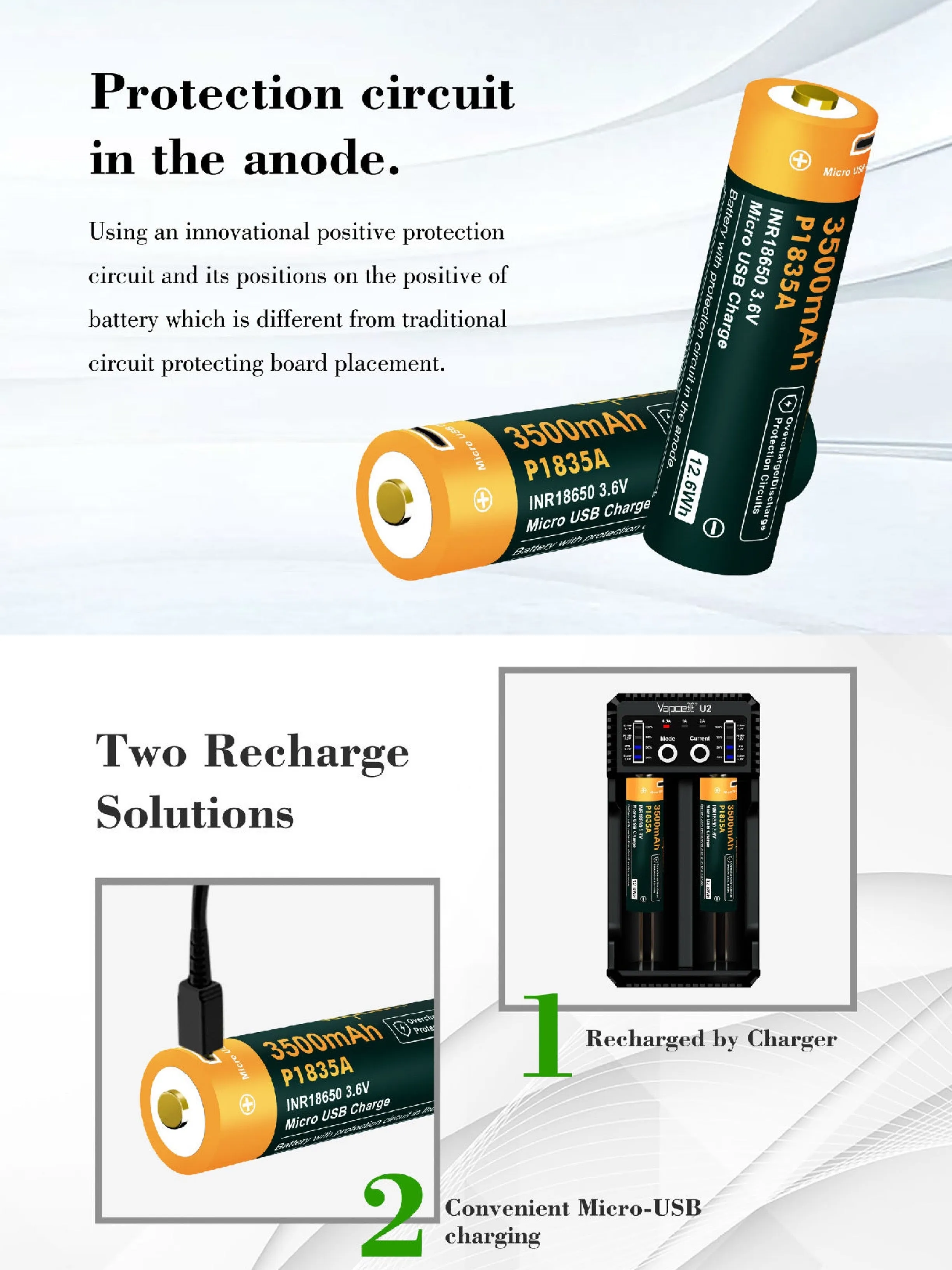 Vapcell P1835A 18650 3500mAh 3.6V USB Rechargeable Li-ion Battery