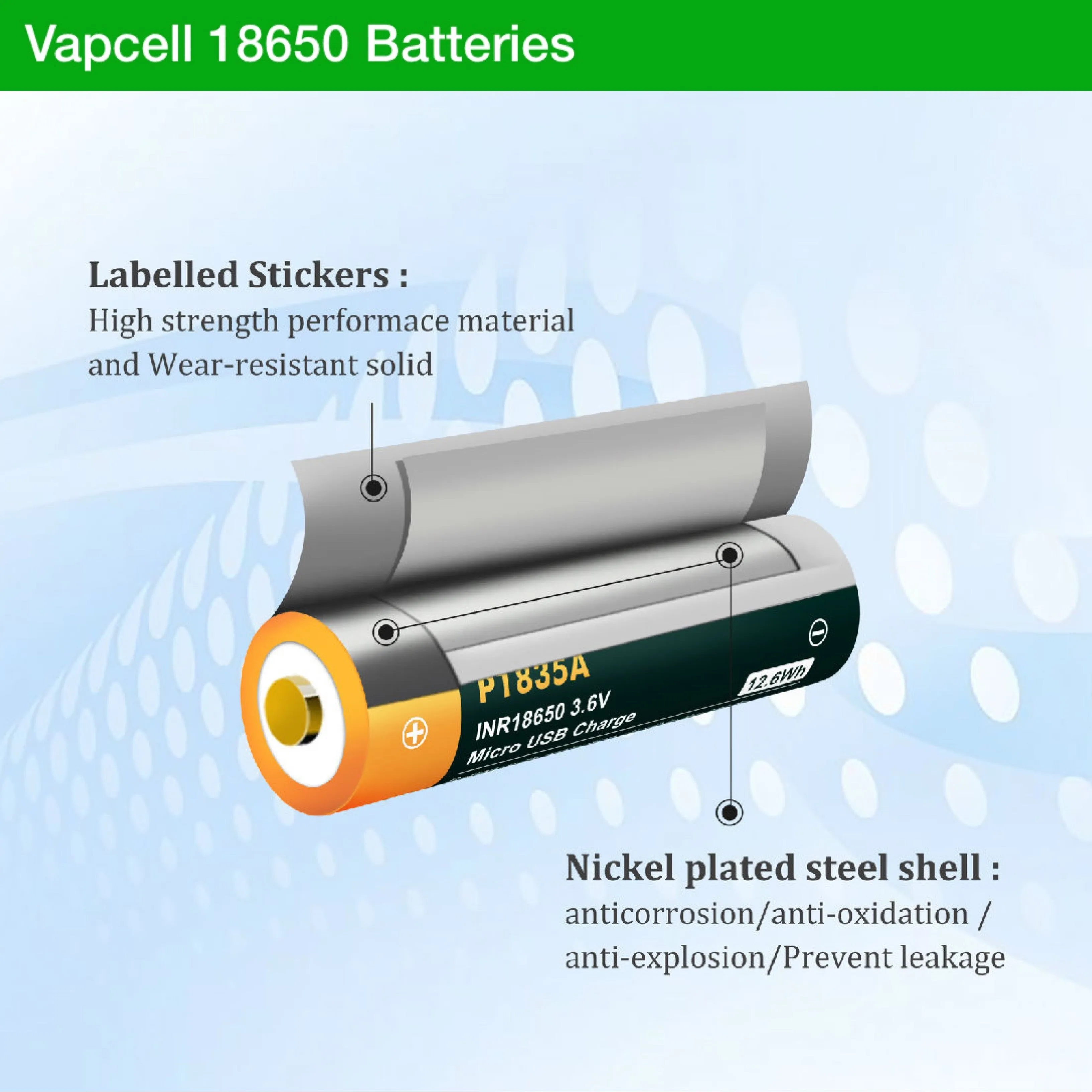 Vapcell P1835A 18650 3500mAh 3.6V USB Rechargeable Li-ion Battery