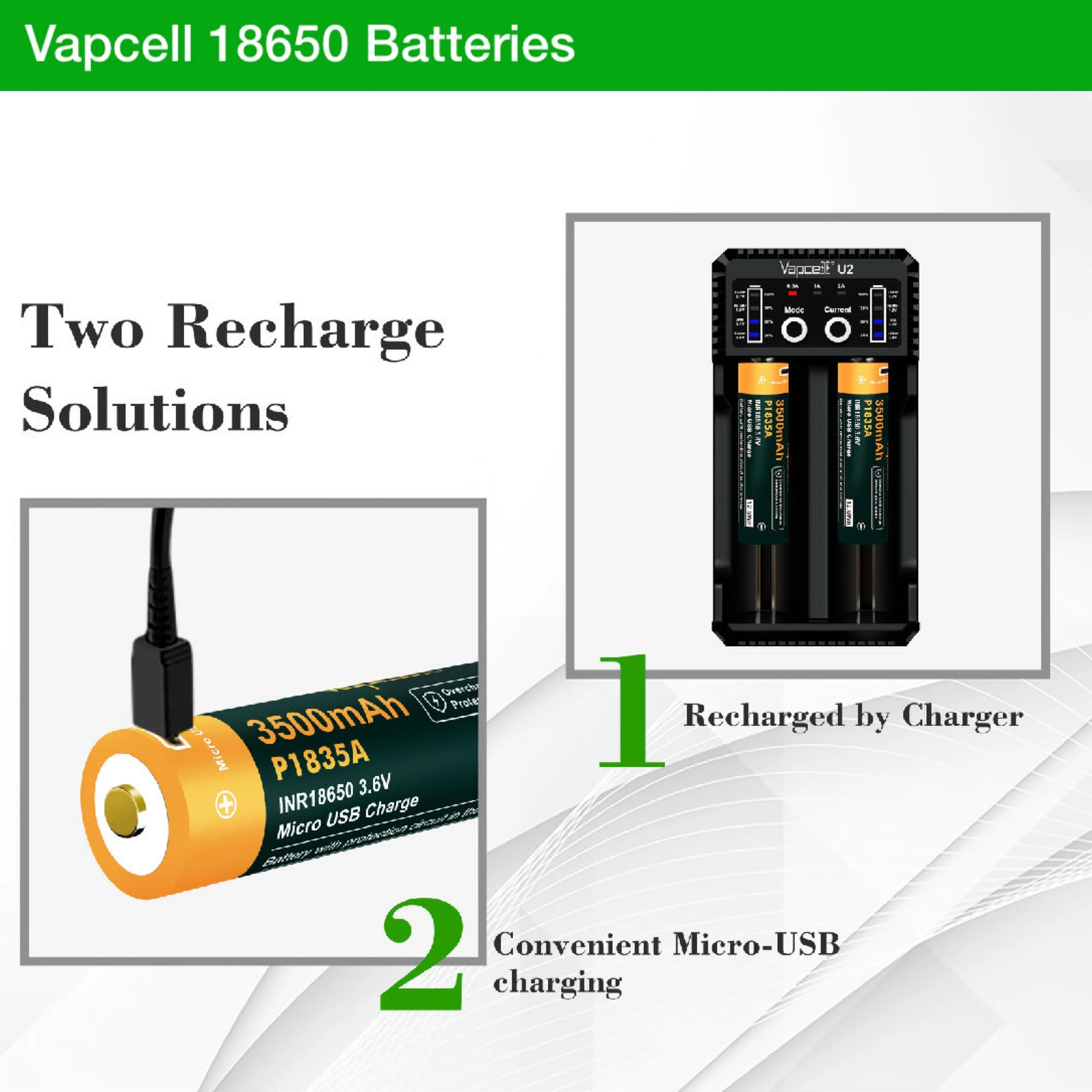 Vapcell P1835A 18650 3500mAh 3.6V USB Rechargeable Li-ion Battery