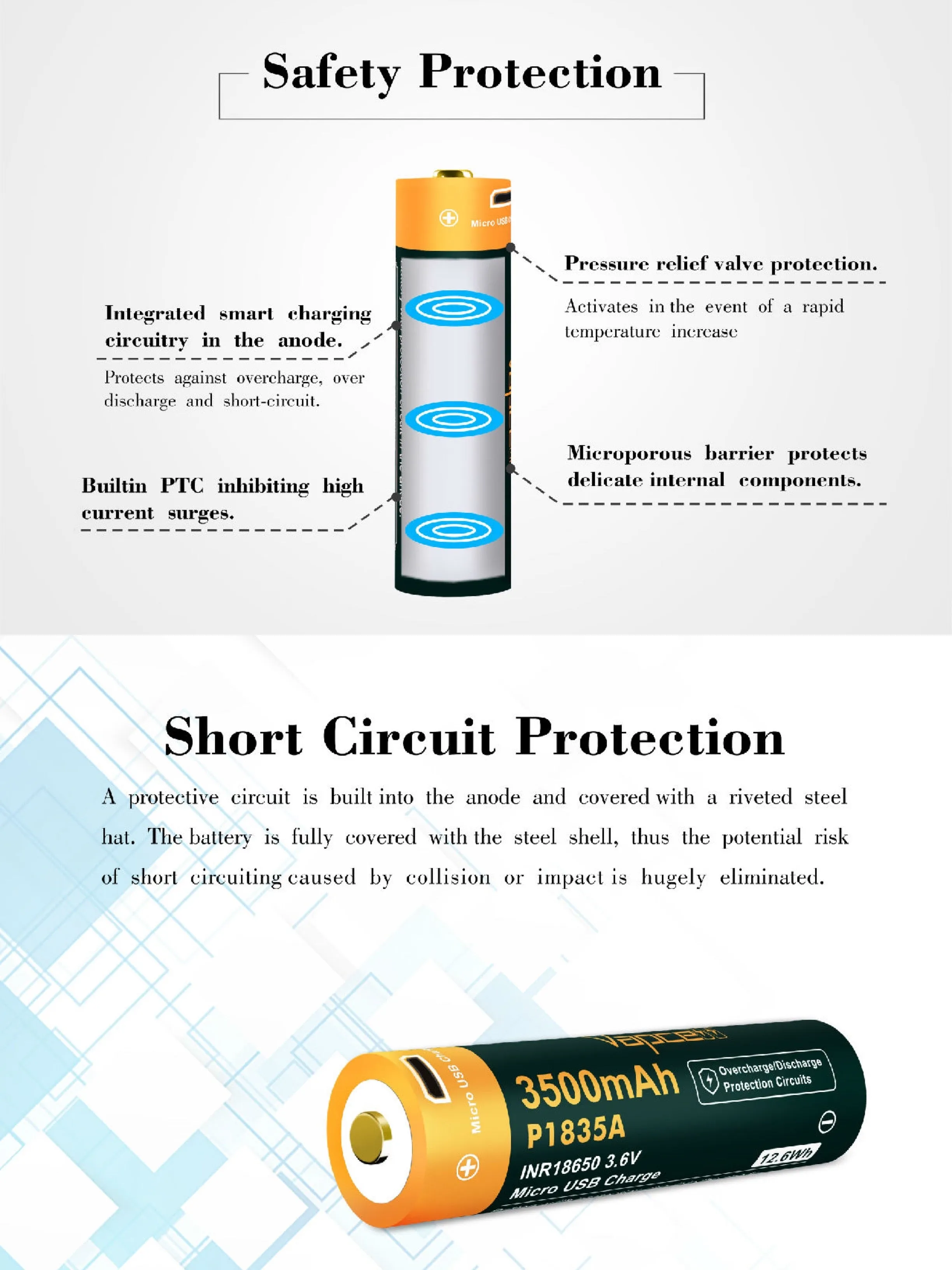 Vapcell P1835A 18650 3500mAh 3.6V USB Rechargeable Li-ion Battery