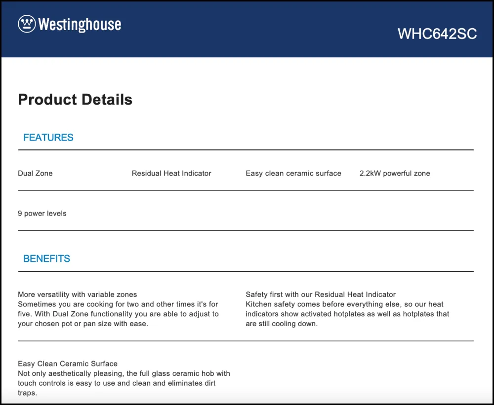 Westinghouse WHC642SC 60cm Ceramic Cooktop