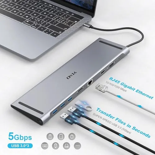 YLSCI 10 in 1 USB C Docking Station, 4K HDMI, VGA, USB 3.0 Ports, USB-C, Gigabit Ethernet RJ45, SD/TF Card Reader, Audio for Mac Air/Mac Pro/Surface Pro