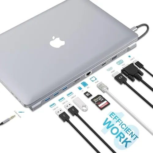 YLSCI 10 in 1 USB C Docking Station, 4K HDMI, VGA, USB 3.0 Ports, USB-C, Gigabit Ethernet RJ45, SD/TF Card Reader, Audio for Mac Air/Mac Pro/Surface Pro