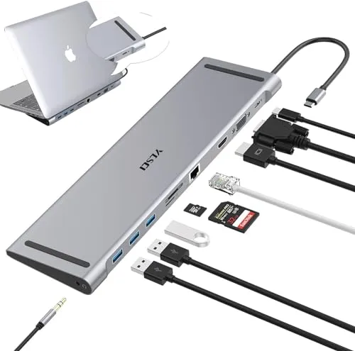 YLSCI 10 in 1 USB C Docking Station, 4K HDMI, VGA, USB 3.0 Ports, USB-C, Gigabit Ethernet RJ45, SD/TF Card Reader, Audio for Mac Air/Mac Pro/Surface Pro