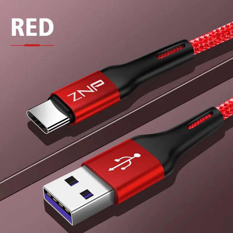 ZNP USB Type C Cable For Samsung S10 Huawei P30 Pro Fast Charge Type-C Mobile Phone Charging Wire USB C Cable for Samsung S9 S8