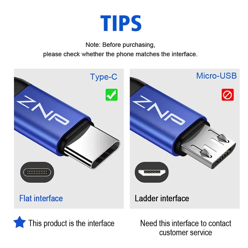 ZNP USB Type C Cable For Samsung S10 Huawei P30 Pro Fast Charge Type-C Mobile Phone Charging Wire USB C Cable for Samsung S9 S8